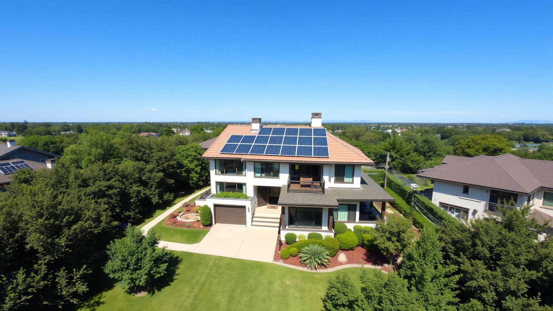 Vista aérea de vivienda con paneles solares